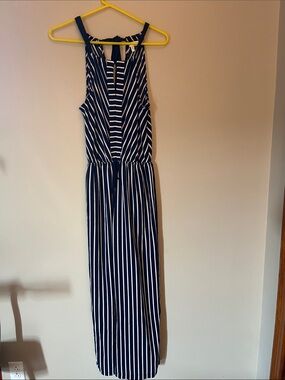 Navy & White Striped Halter Maxi Jumpsuit